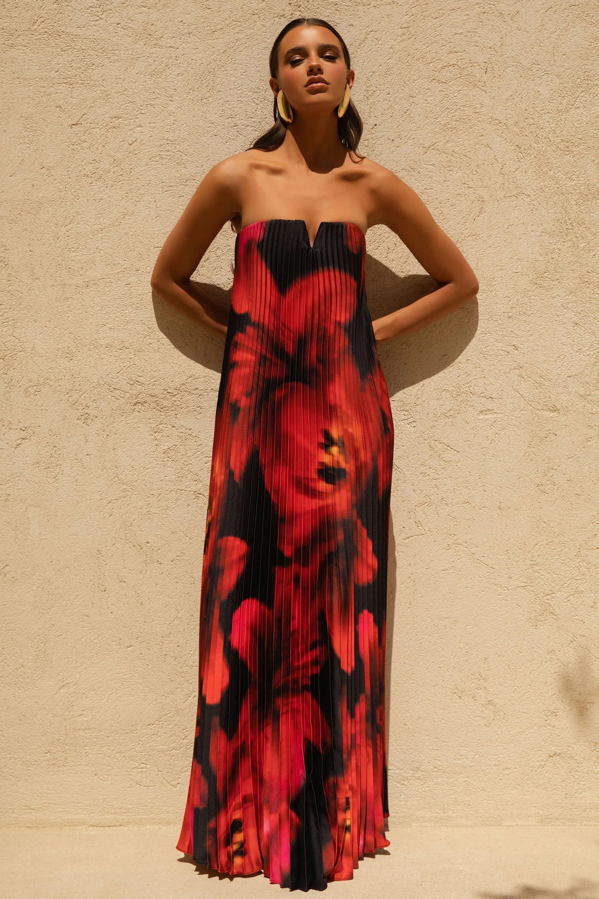 Bergamot | Black And Red Floral Print Satin Sweetheart Maxi Dress