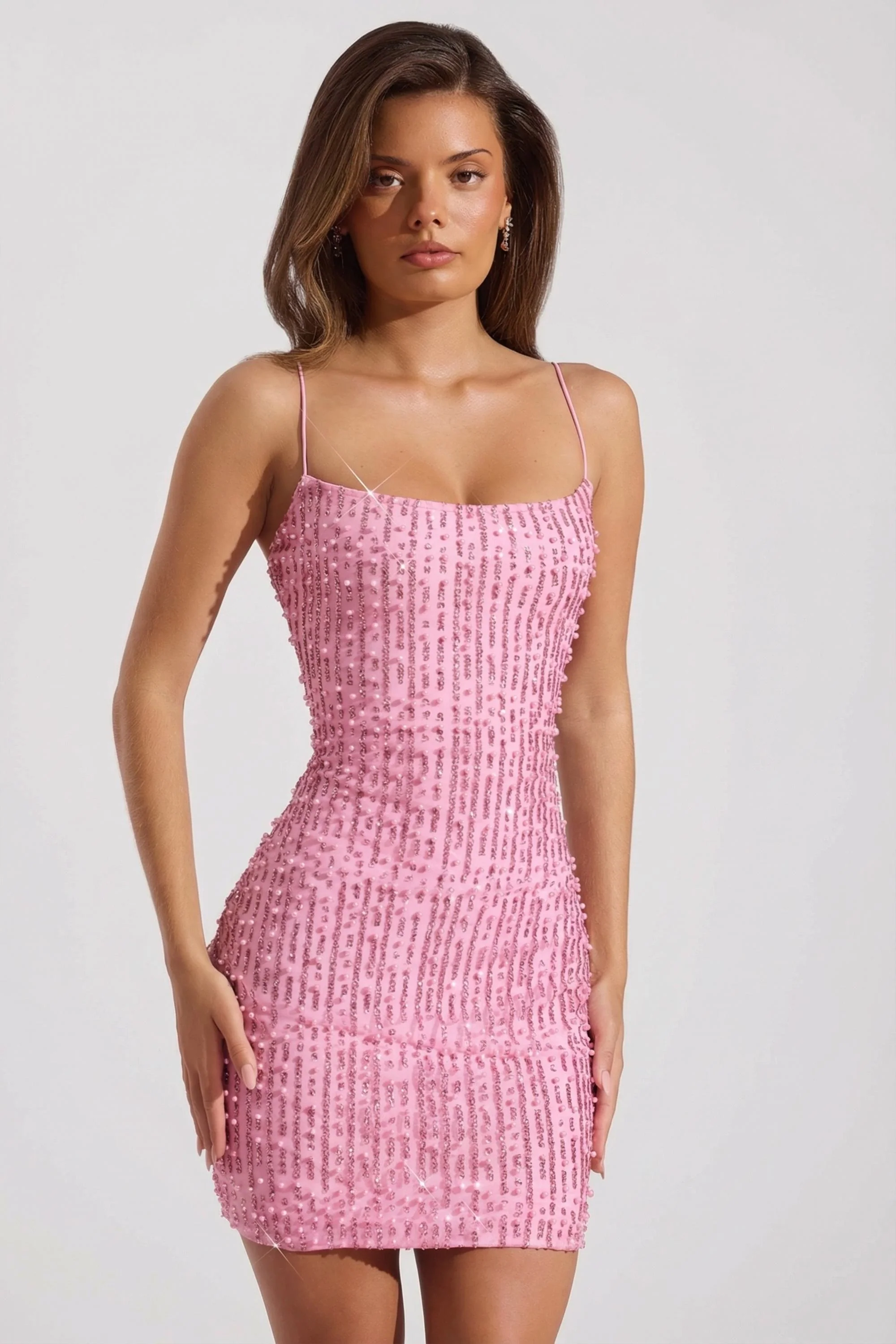Embellished Scoop-Neck Bodycon Mini Dress in Pink