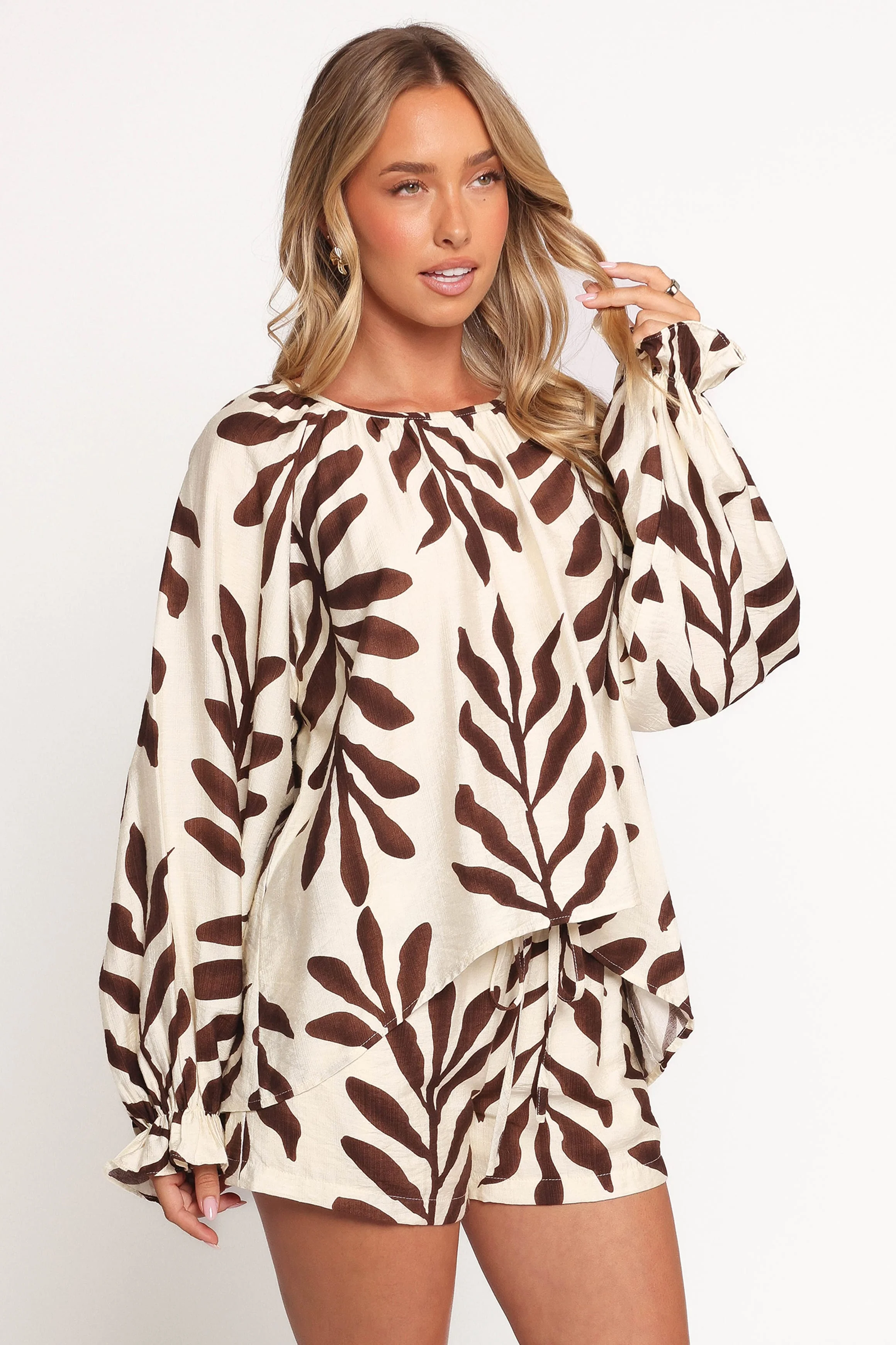 July Long Sleeve Smock Top - Brown Palm
