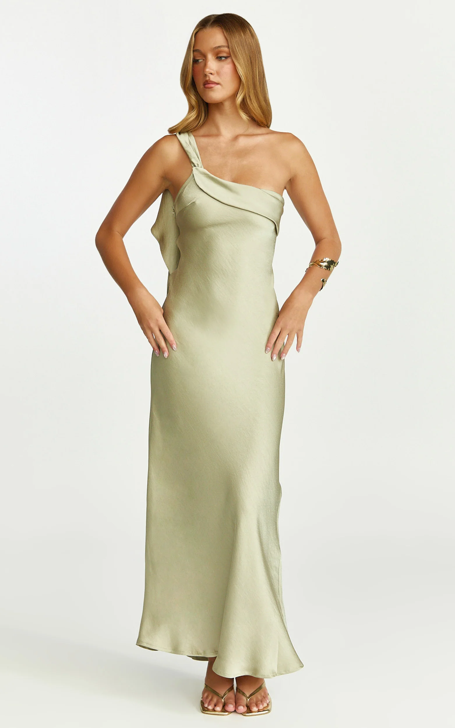 Calix Midi Dress - One Shoulder Slip Dress in Light Olive