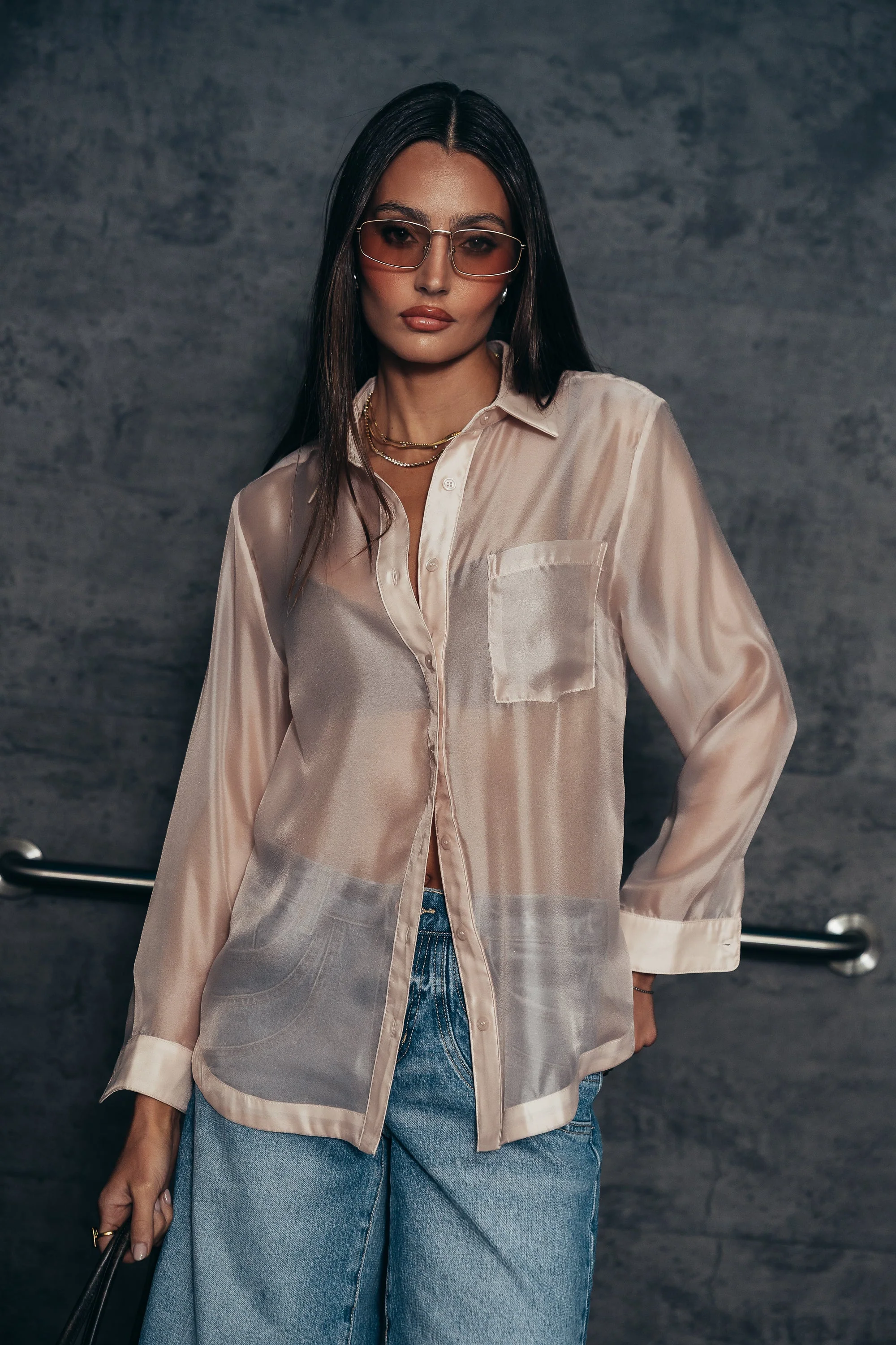 Liberty Sheer Button Up Blouse in Blush