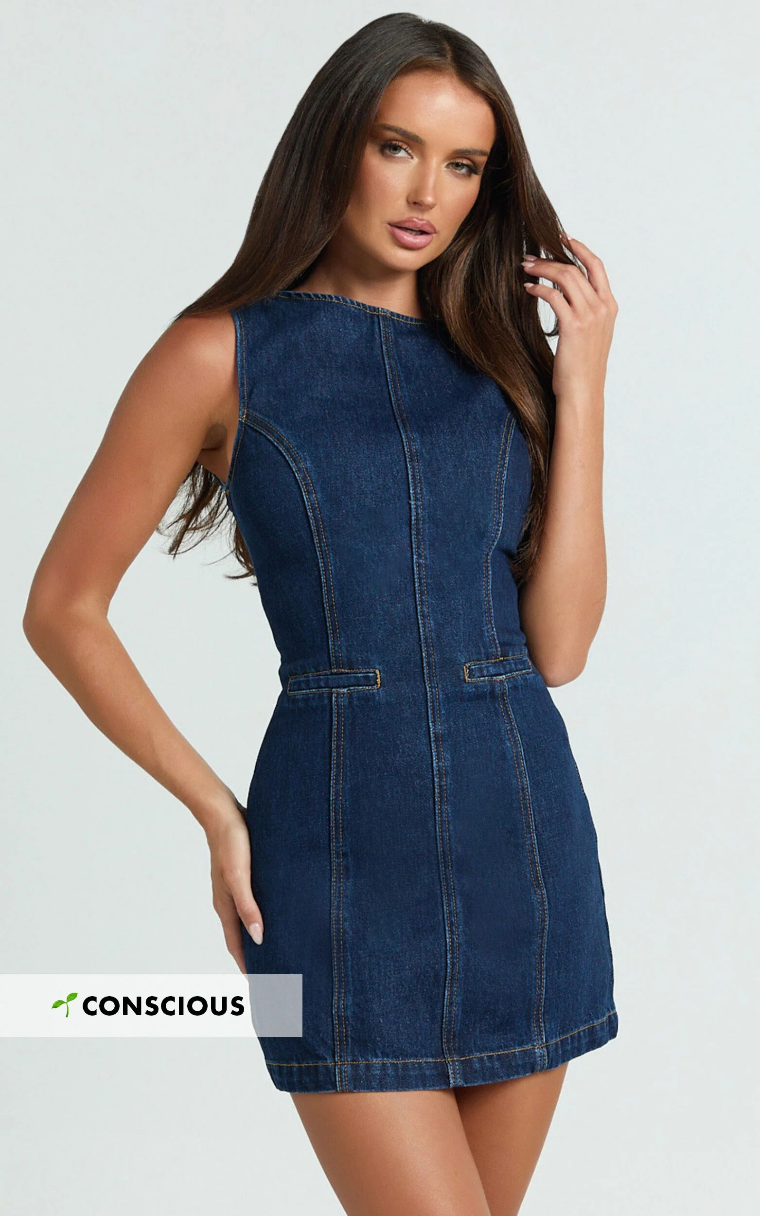 Olenna Mini Dress - High Neck Fitted Denim Dress in Indigo Wash