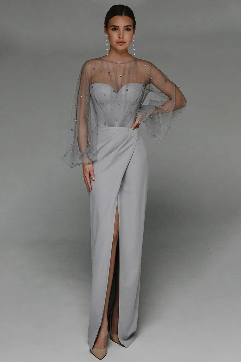 Alena Sheath Pearl Maxi Dress-Grey