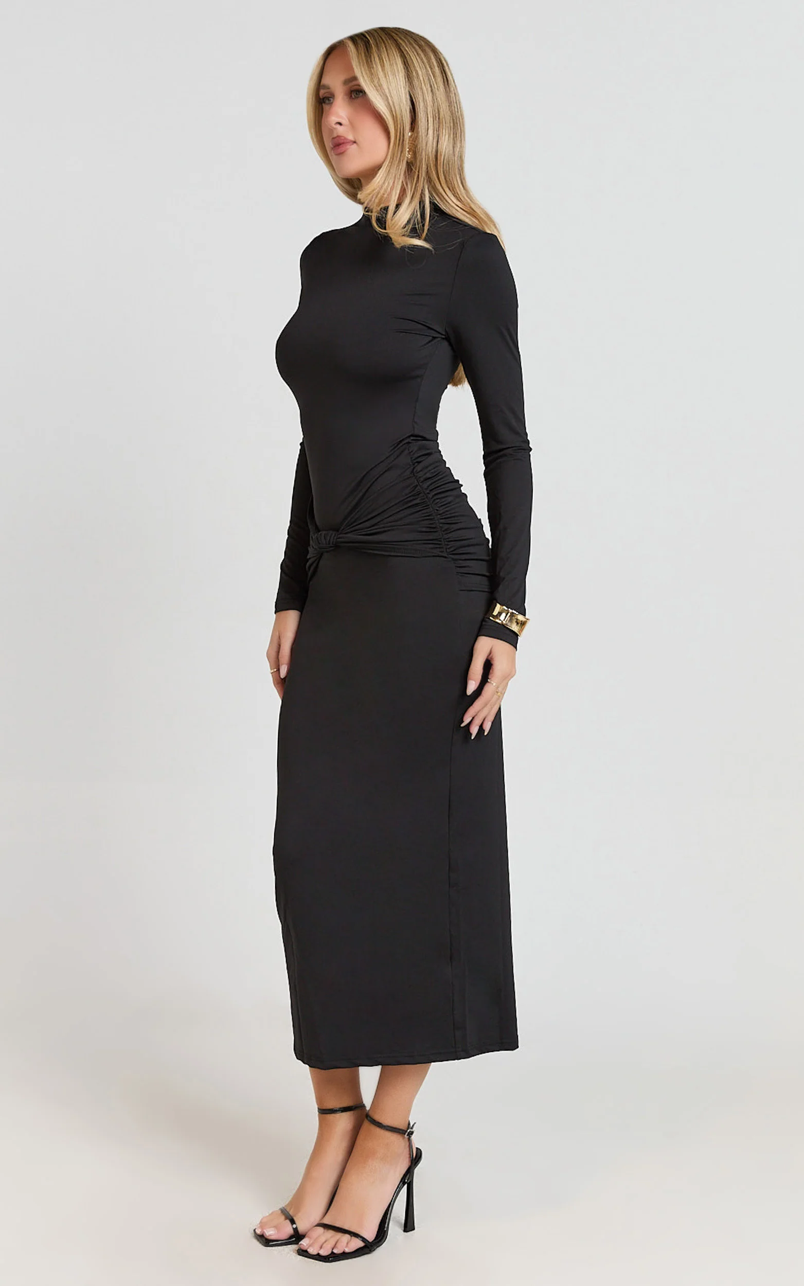 Amelita Midi Dress - Long Sleeve Knot Detail Dress in Black