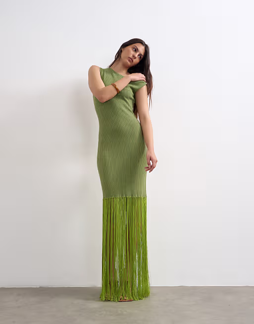 Topshop rib knit tassel trim maxi dress in green