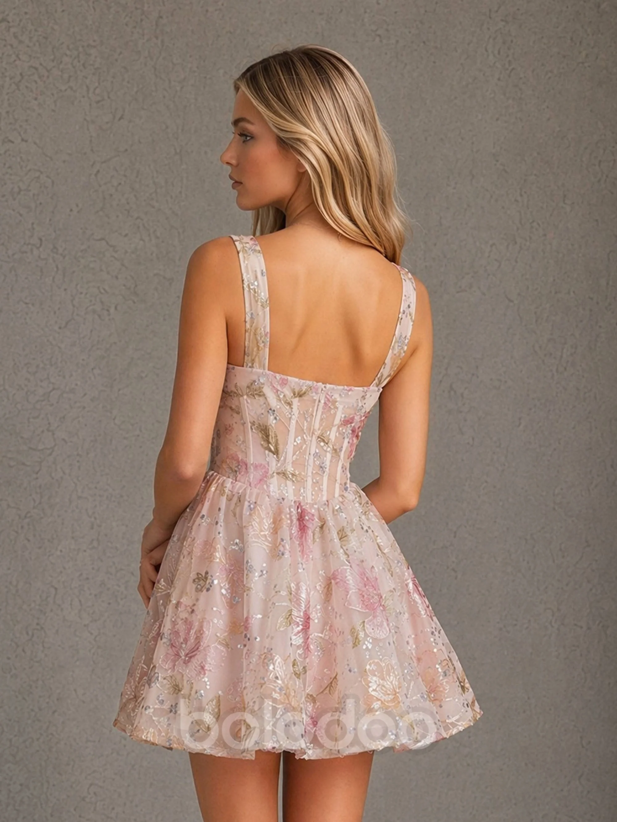 BOLODOO Blush Floral Sequin Embroidered Tulle Corset Bodice Babydoll Mini Dress | Low Back