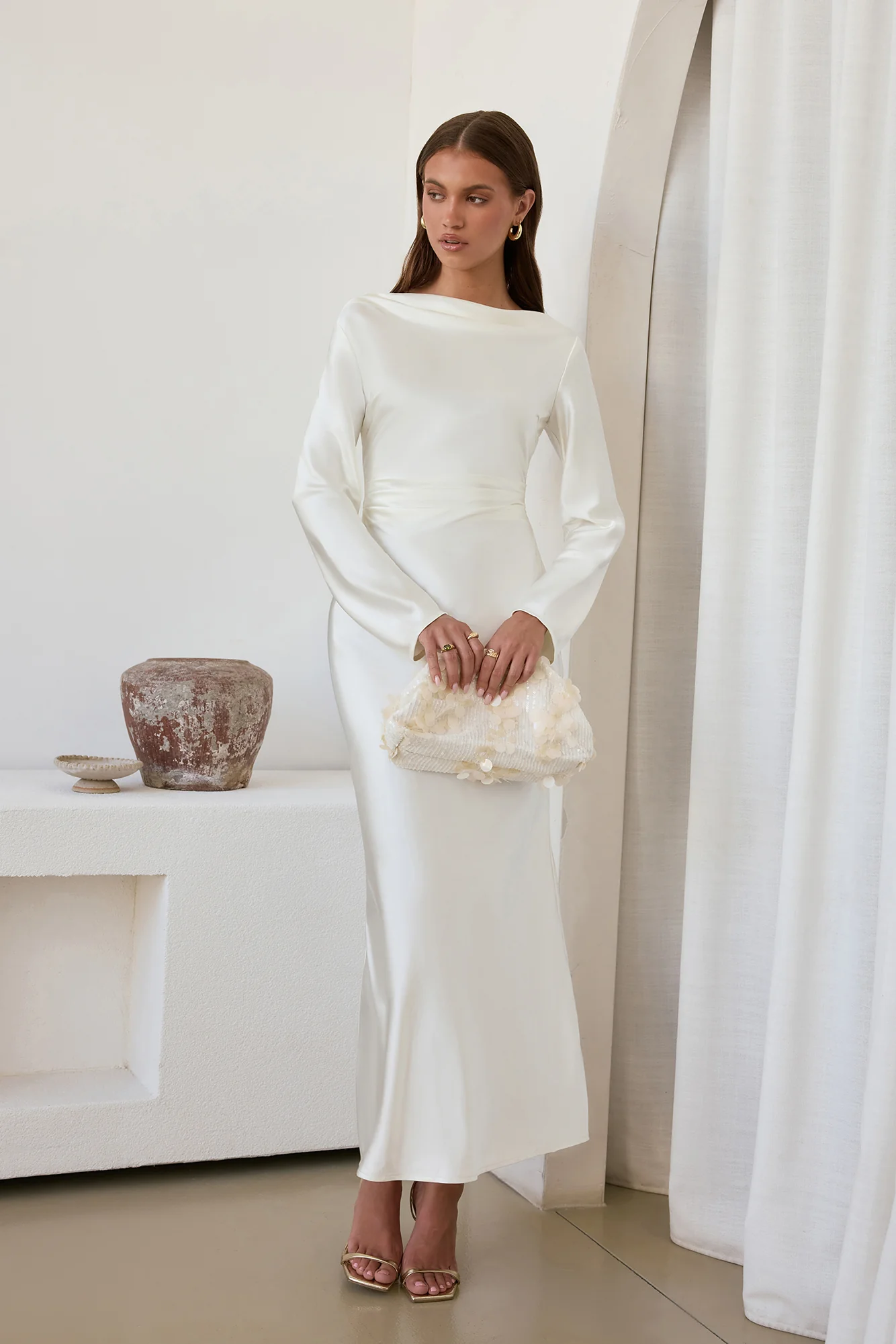 Cross The Skies Satin Long Sleeve Maxi Dress White