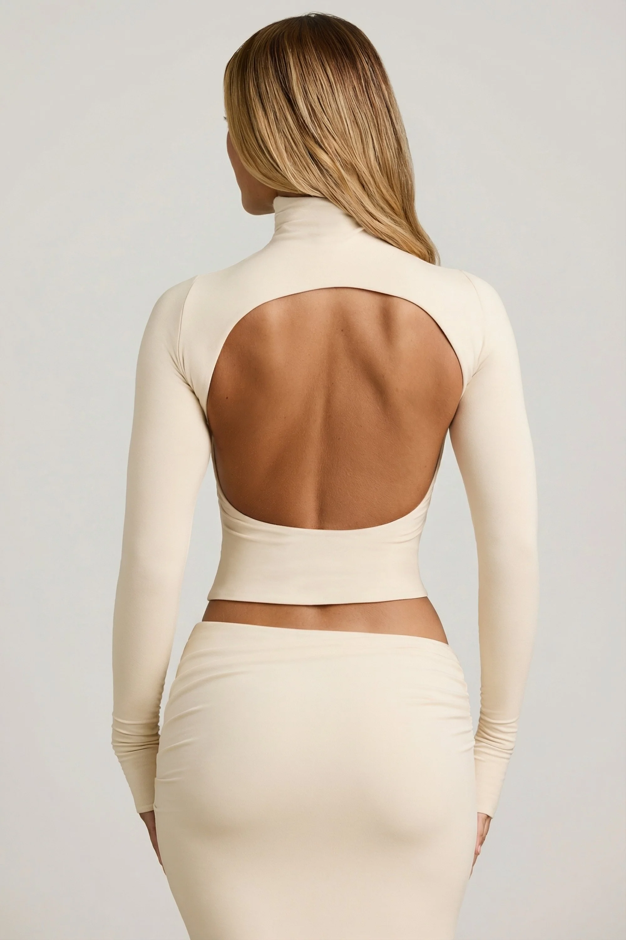 Modal Ruched Backless Turtleneck Top in Ivory