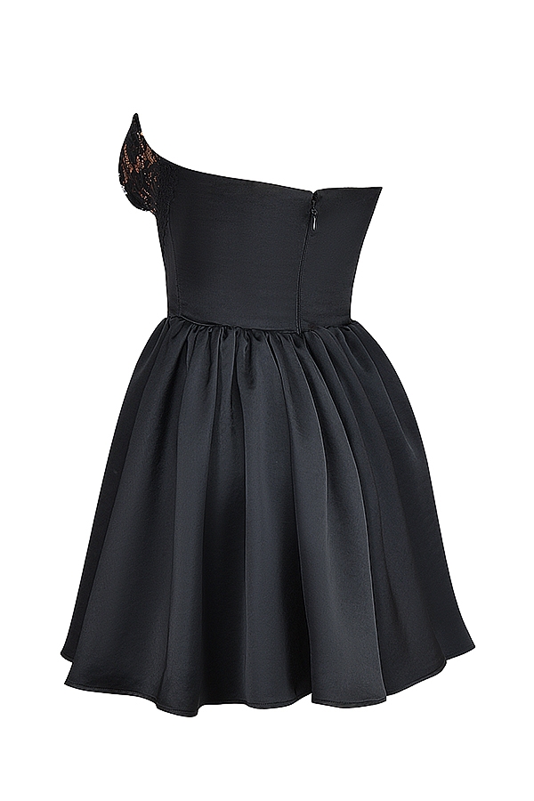 Black Lace And Satin Strapless Mini Dress