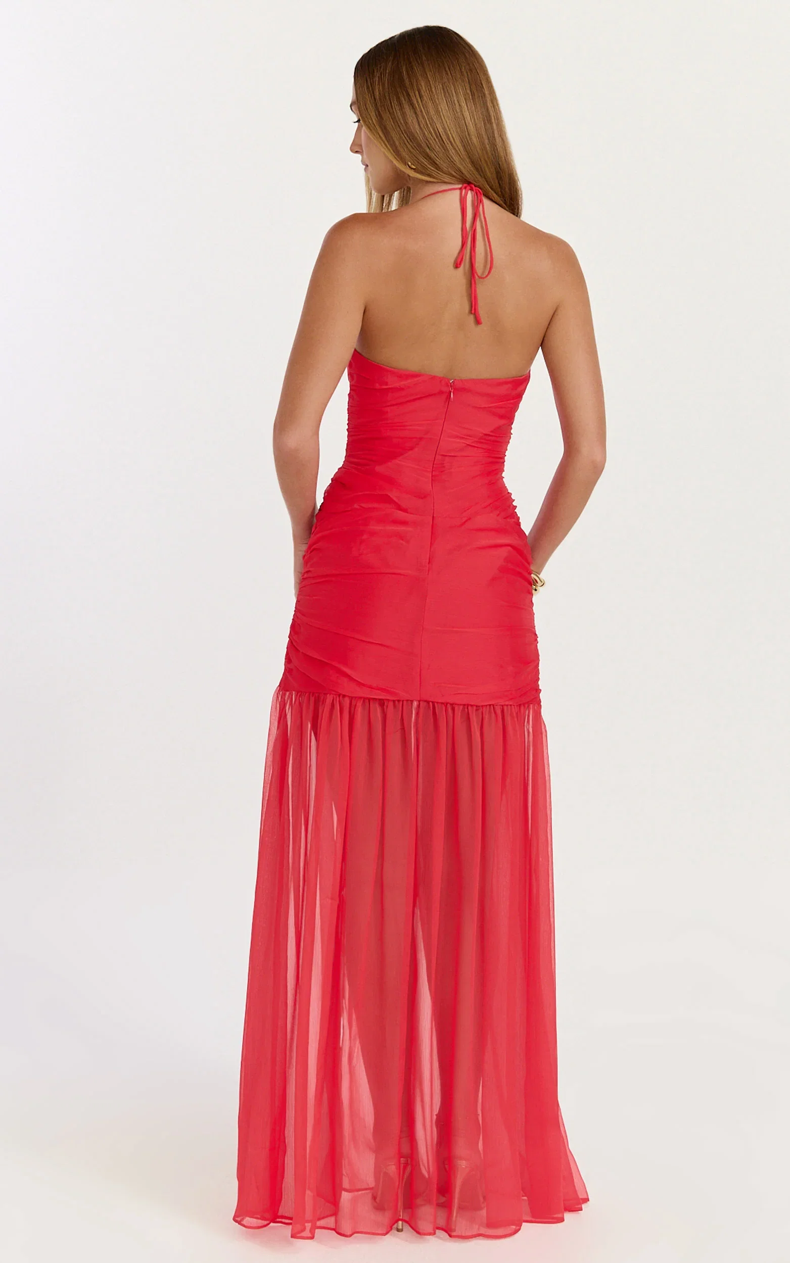 Jett Maxi Dress - Halter Tie Ruched Bodice Side Split Dress in Red