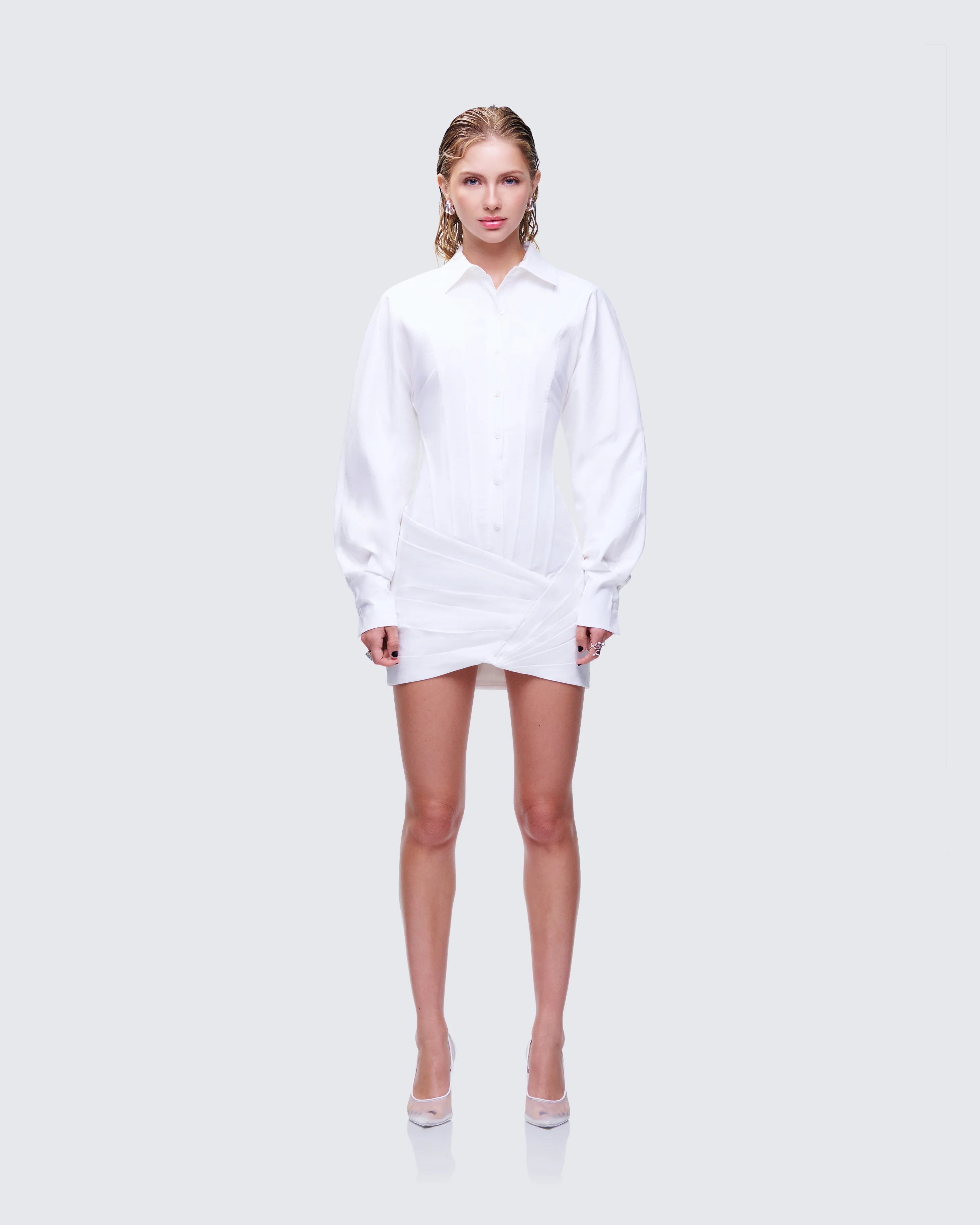 Regan White Cinched Tucked Mini Dress