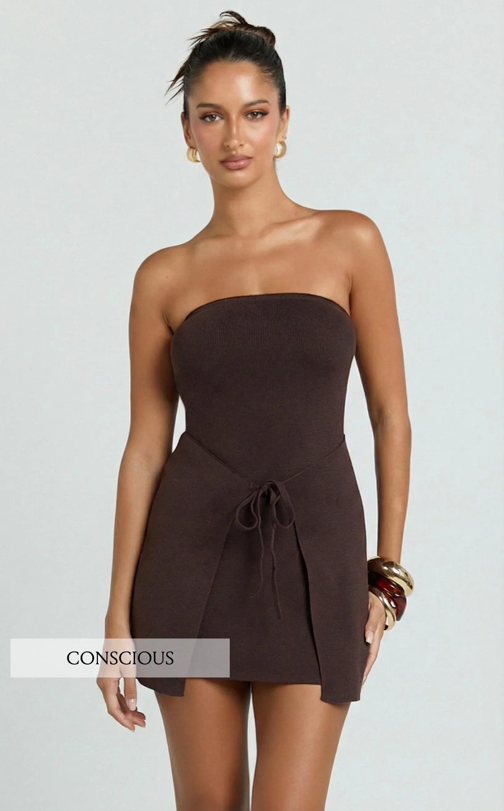 Chloe Mini Dress - Strapless Asymmetric Front Wrap Knit Dress in Chocolate