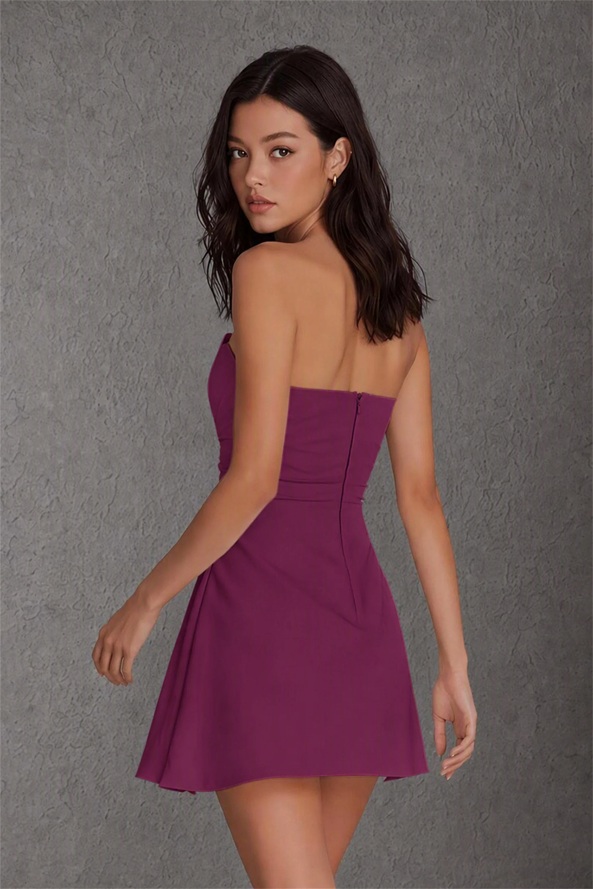 BOLODOO Plum Strapless Sweetheart Ruched A-Line Mini Dress | BD0021