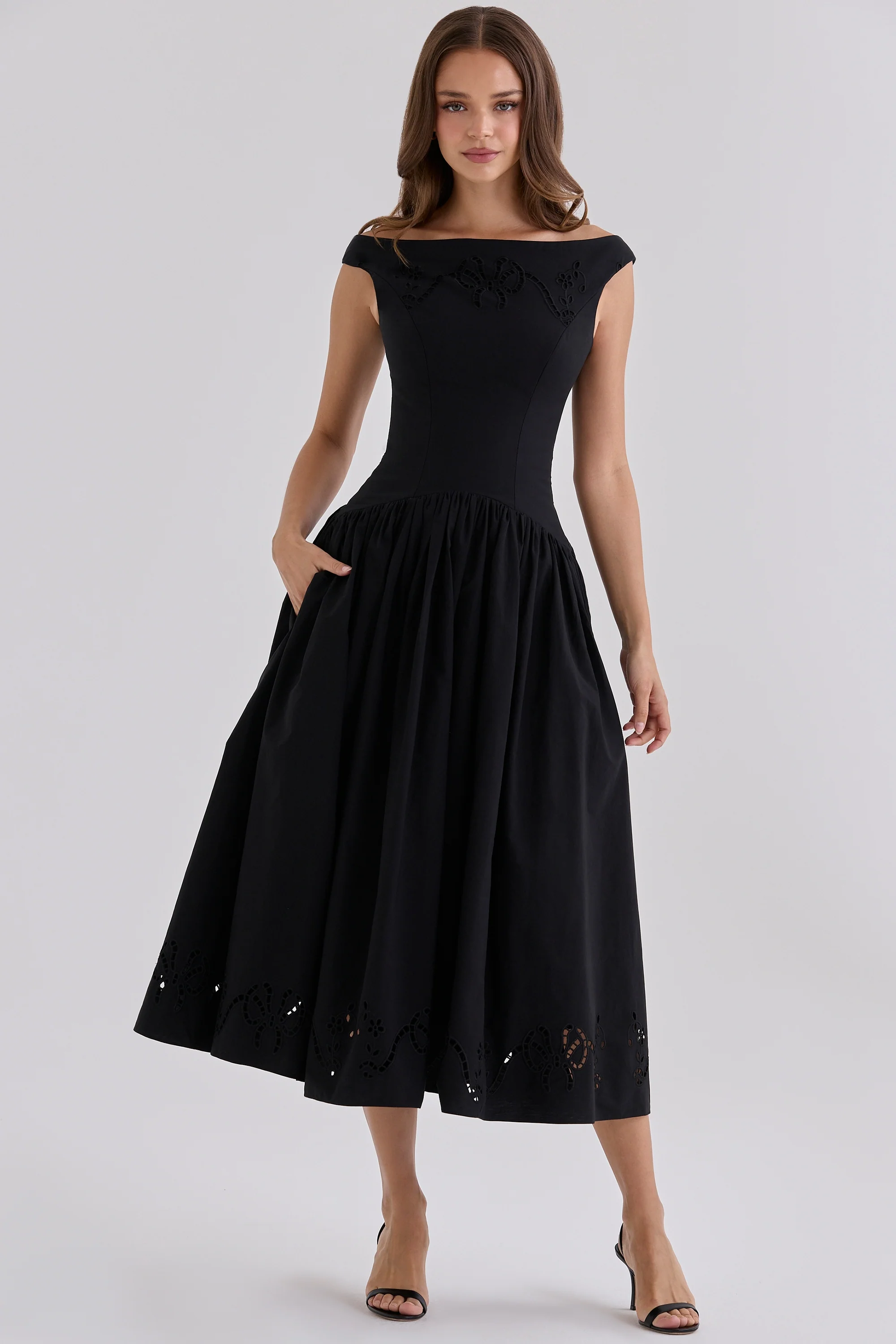 Black Custom Cotton Broderie Anglaise Boat Neck Maxi Dress