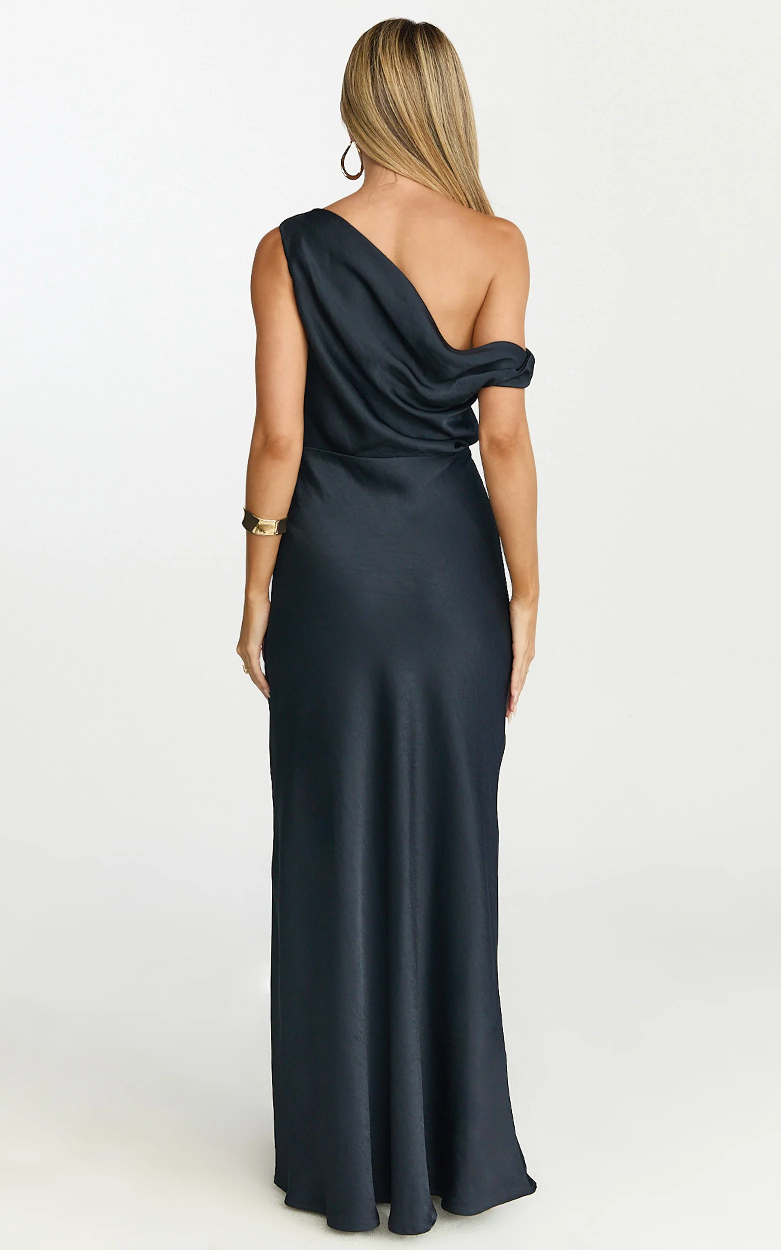 Lira Midi Dress - One Shoulder Satin Dress in Navy
