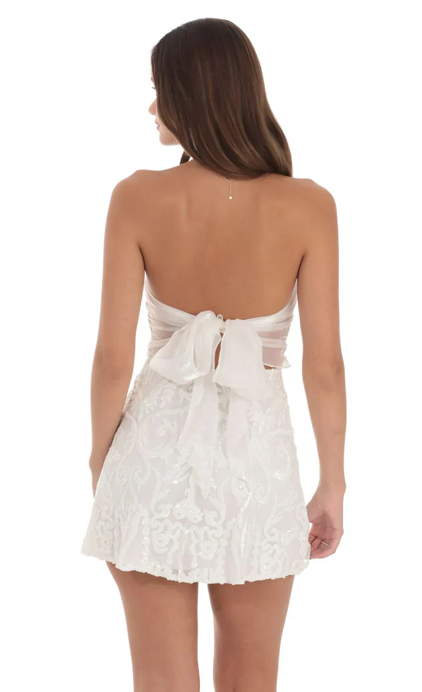 Sequin Mesh Strapless Dress in White - luluinthesky