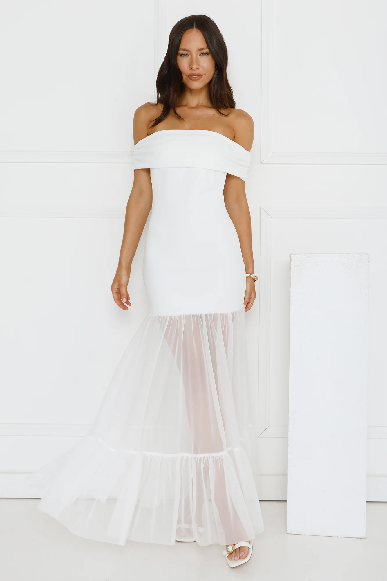 Moonbeam Reverie Off Shoulder Maxi Dress White