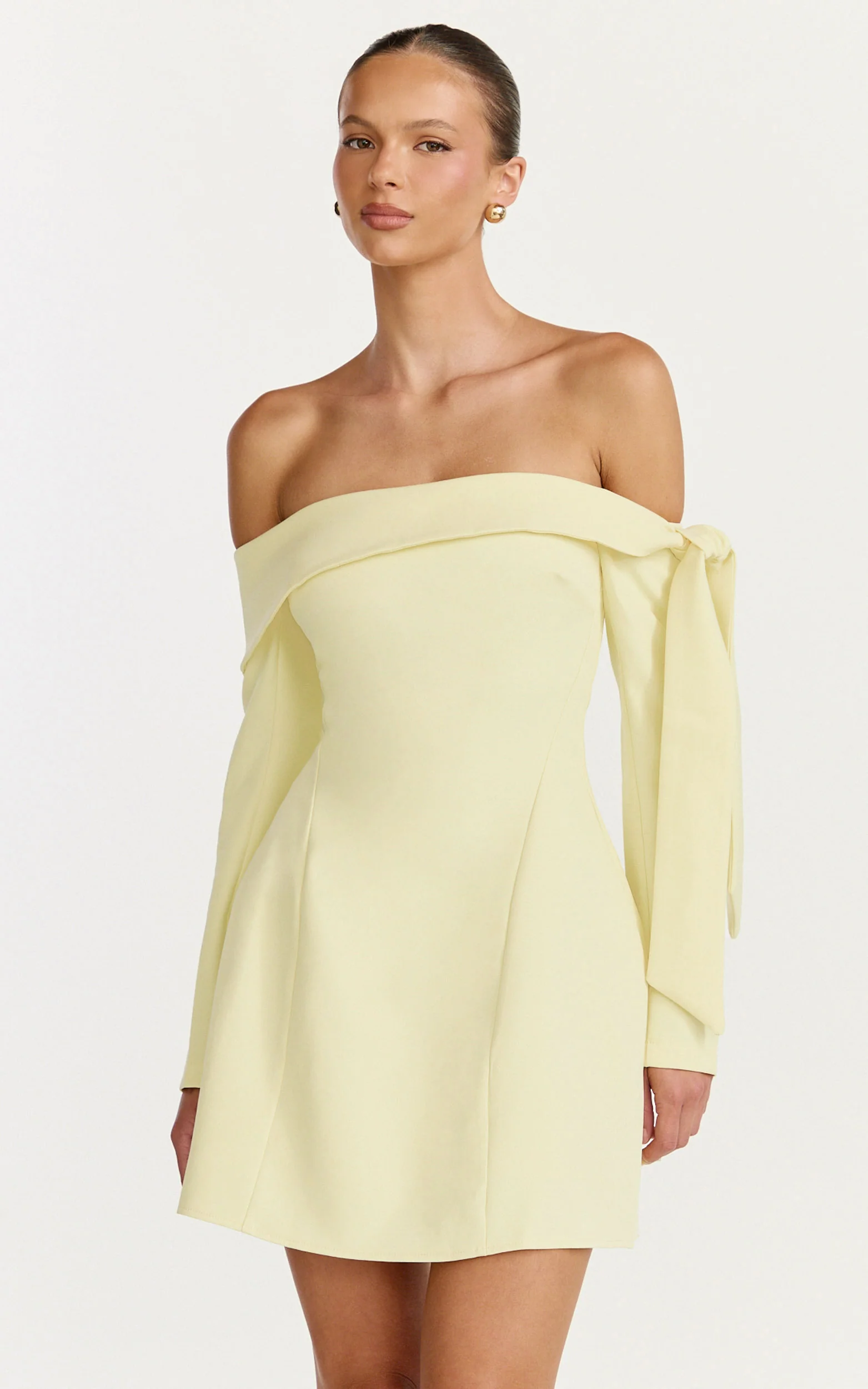 Eljay Mini Dress - Long Sleeve Off Shoulder Knot Detail Dress in Lemon