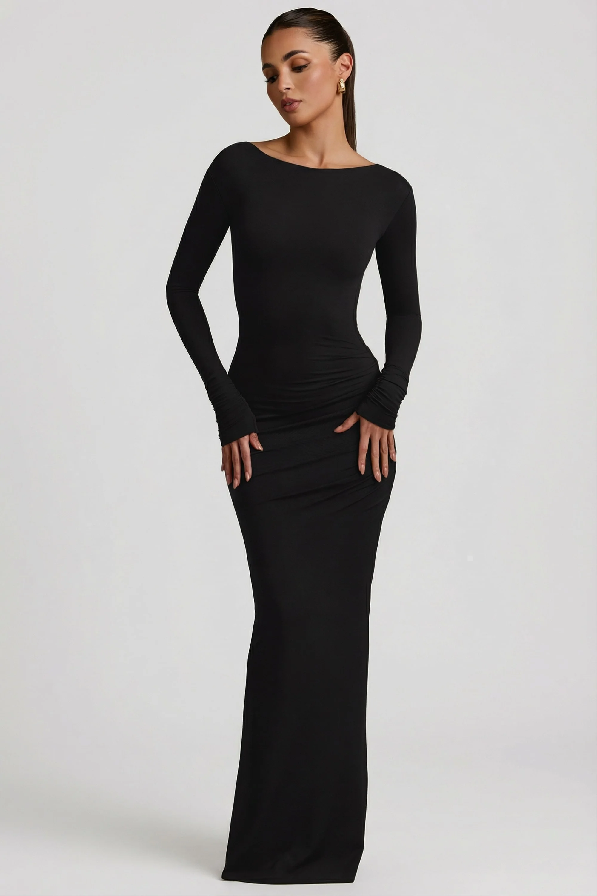 Modal Ruched Backless Maxi Dress in Black