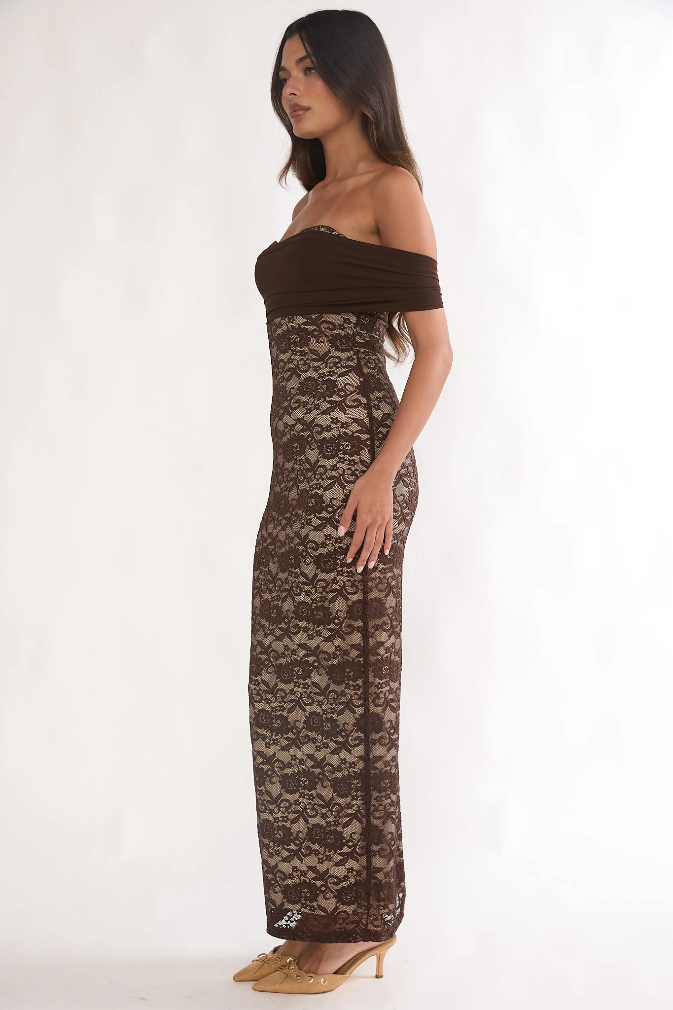 Jewelene Off-Shoulder Maxi Dress Lace Chocolate