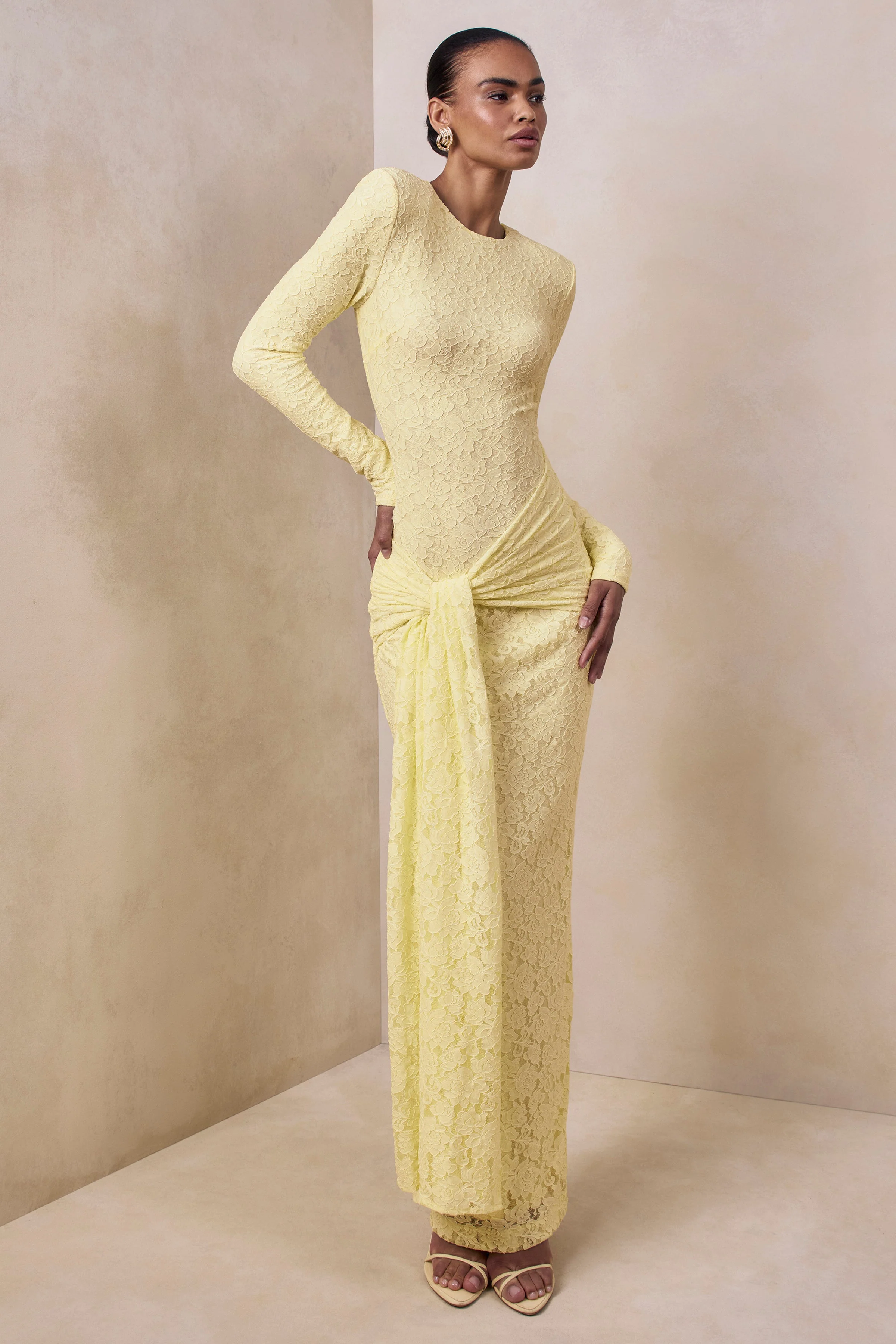 Evangela | Lemon Lace Crew-Neck Maxi Dress With Wrap-Detail