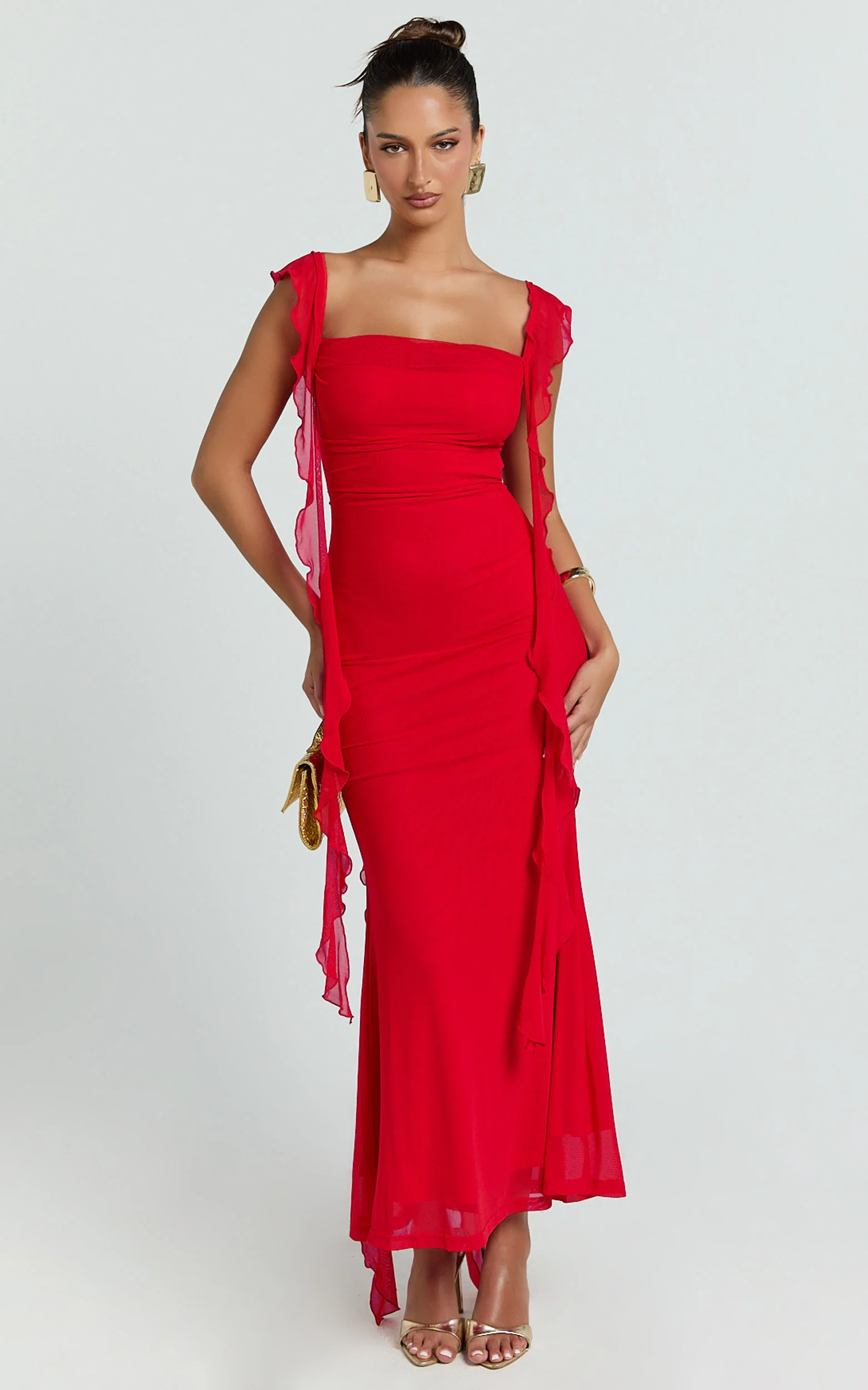Rosha Midi Dress - Ruffle Strap Dress in Red