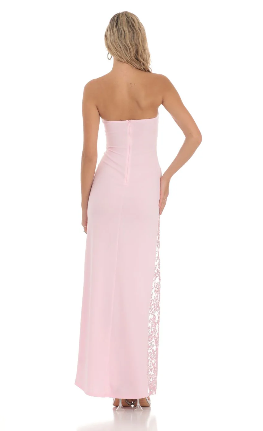 Strapless Lace Embroidered Slit in Pink