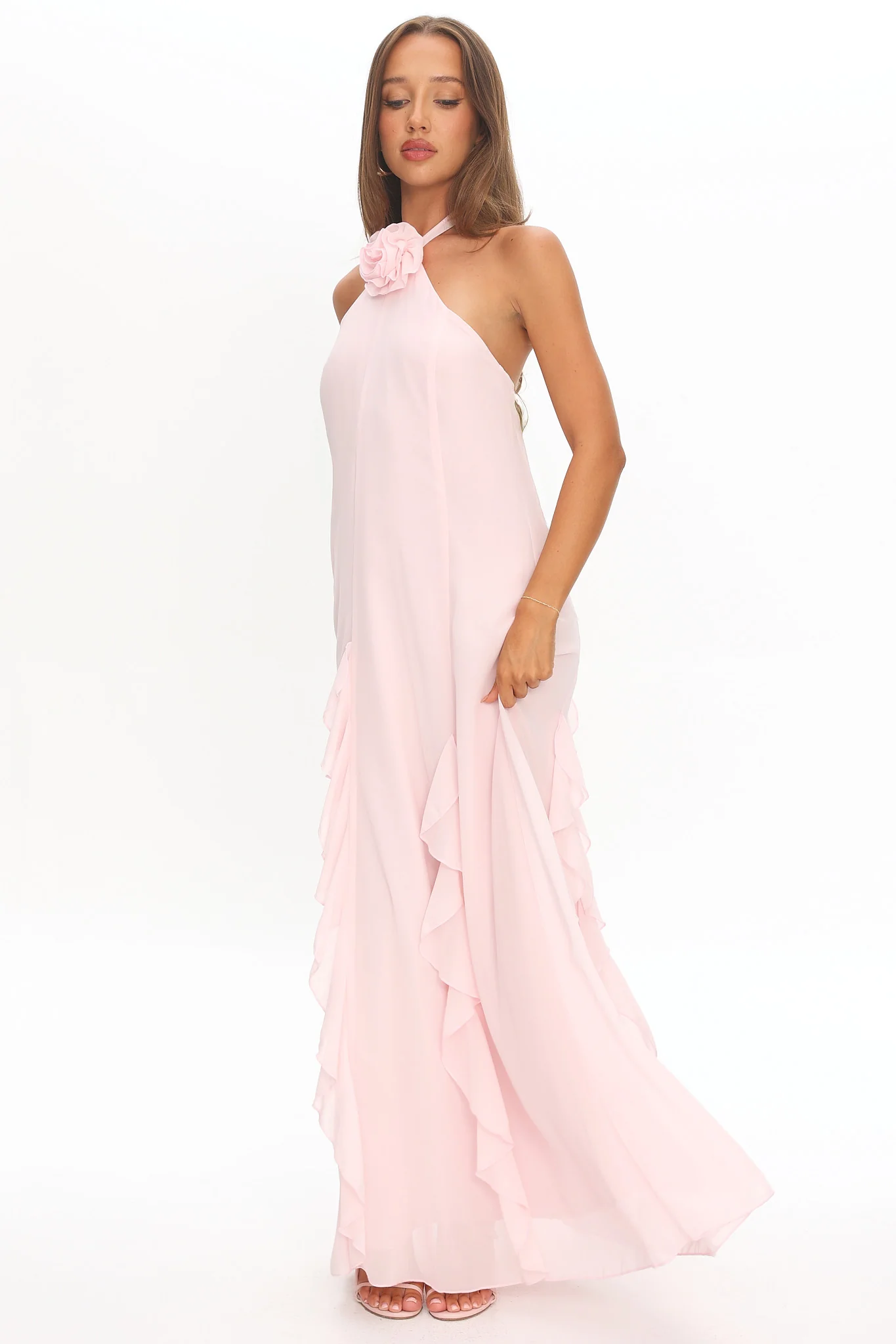 Lecce Halterneck Ruffle Trim Maxi Dress Blush