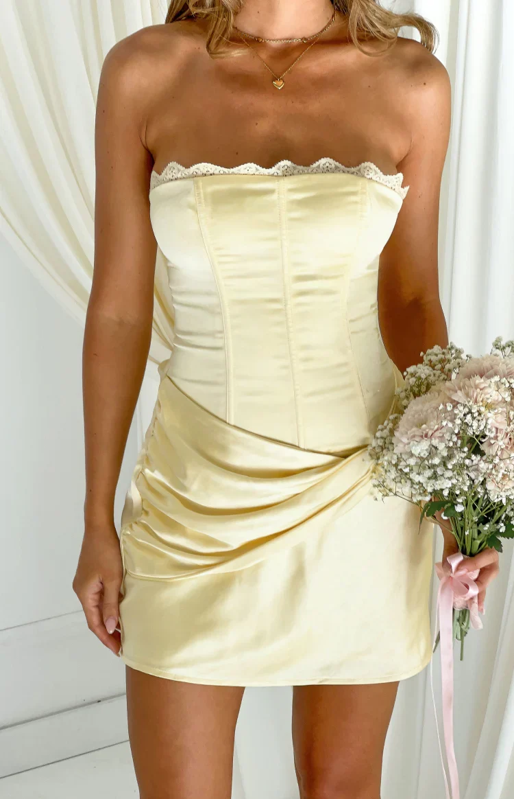 Sasha Yellow Ruched Twist Satin Mini Dress