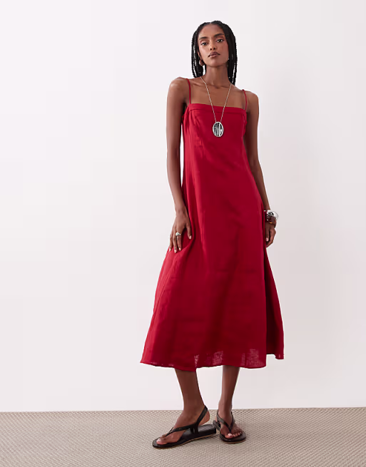 Mango 100% linen strappy maxi dress in red