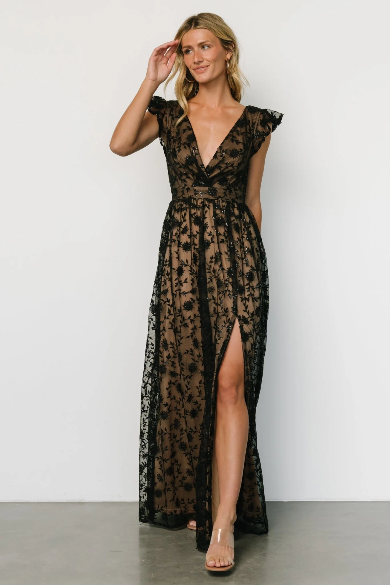 Alexa Embroidered Sequin Maxi Dress | Black + Nude - luluinthesky