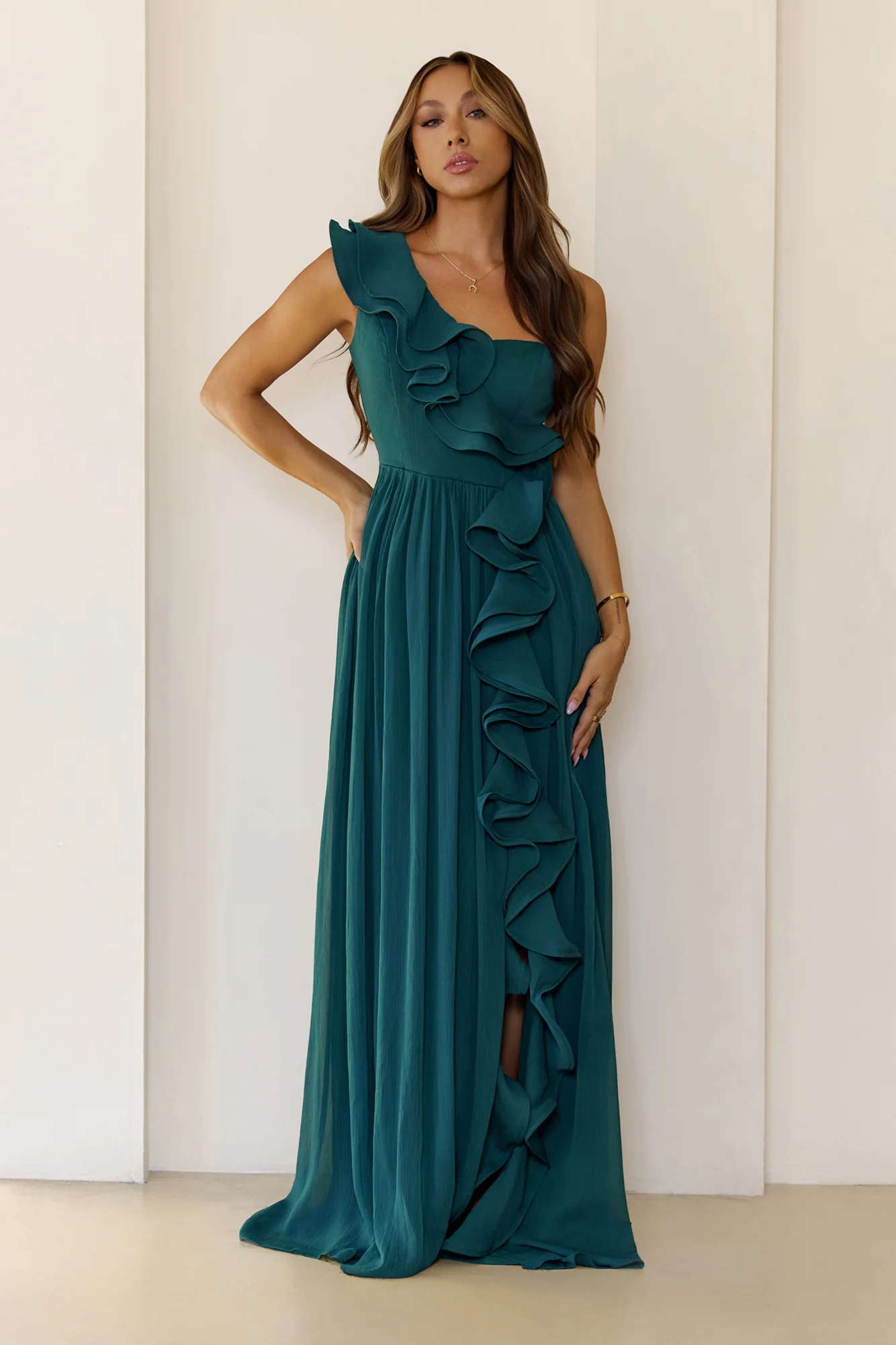 Elegant Frill One Shoulder Maxi Dress Green
