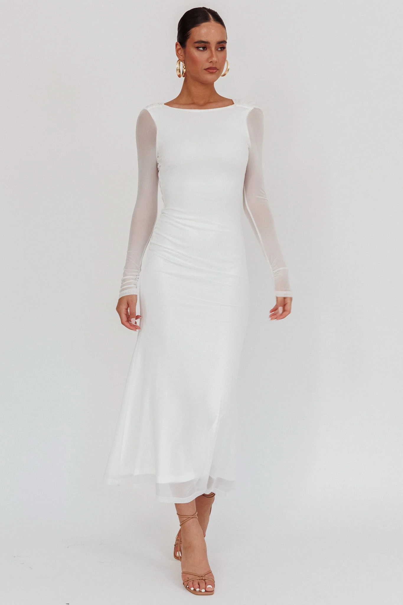 Lustre Open Back Mesh Maxi Dress White
