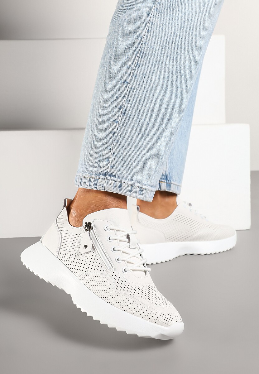 Beżowe Sneakersy Skórzane Ozdobione Suwakiem Ivelami