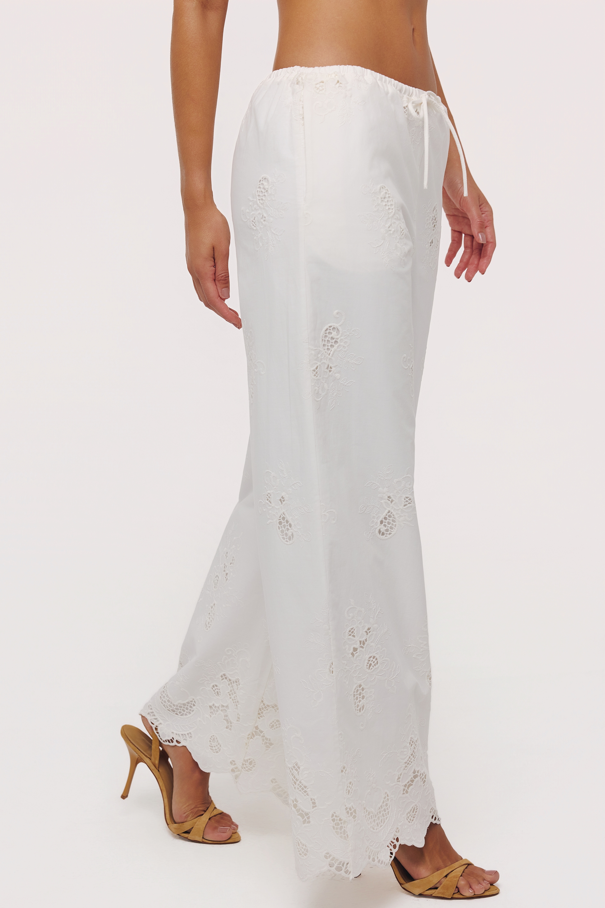 White Cotton Broderie Anglaise Wide Leg Trousers