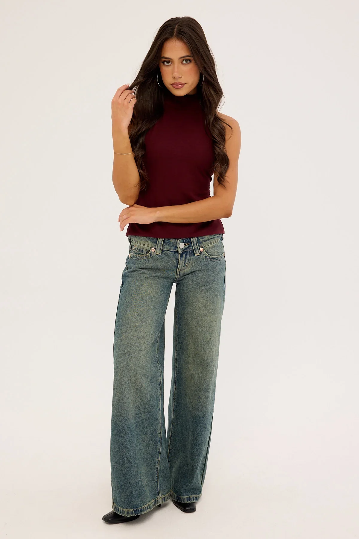 Luck & Trouble Rylan High Neck Jersey Top Burgundy