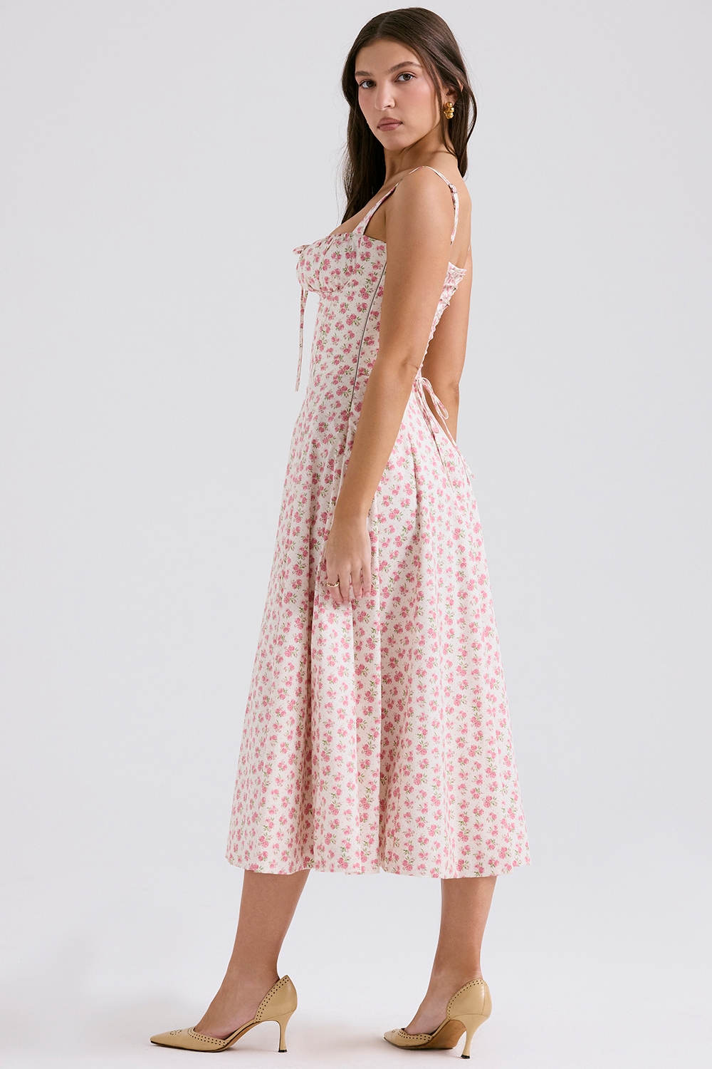 White Rosebud Print Cotton Bustier Sundress