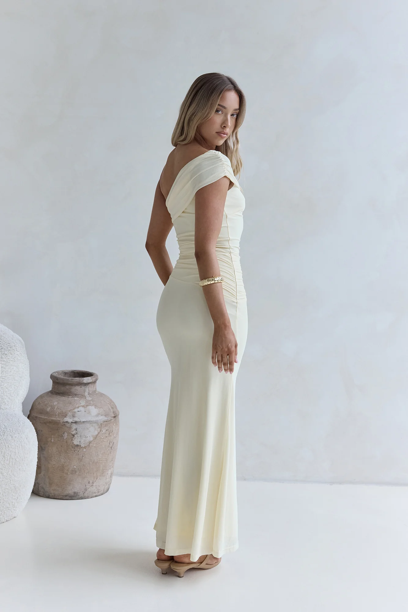 Kiss The Moon One Shoulder Mesh Maxi Dress Lemon
