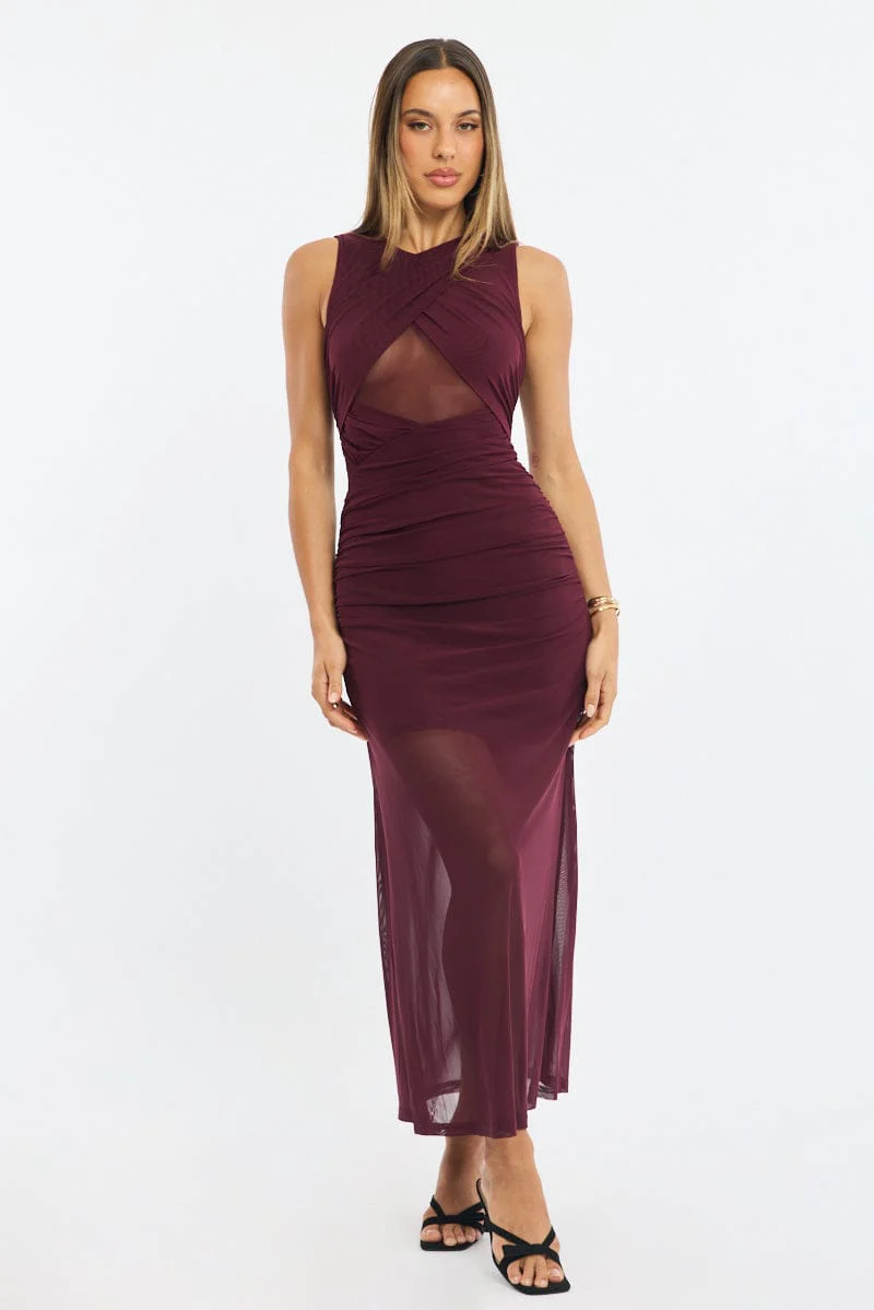 Red Midi Dress Cut Out Detail Mesh