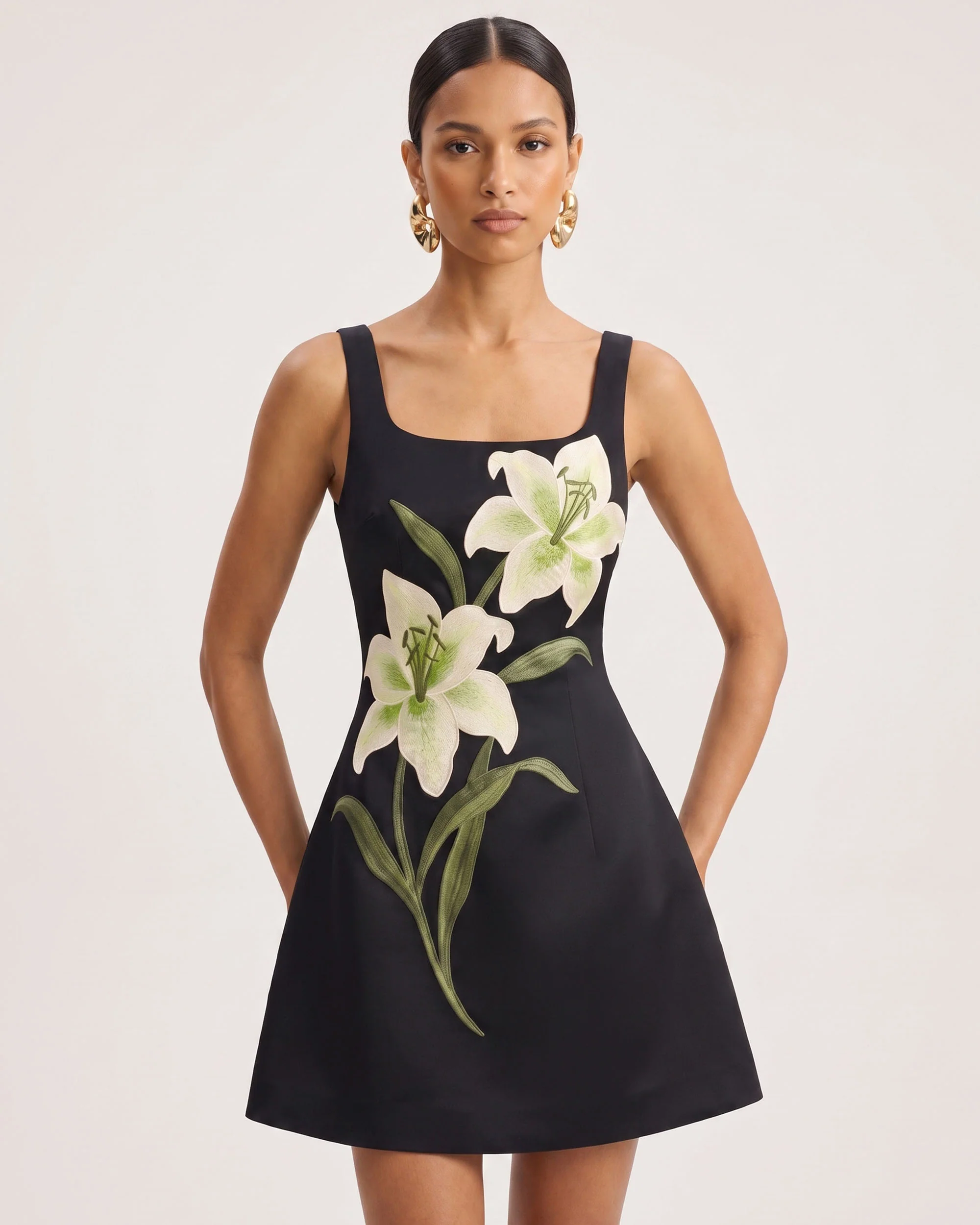 Lily Floral Print Sleeveless A-Line Mini Dress - Black