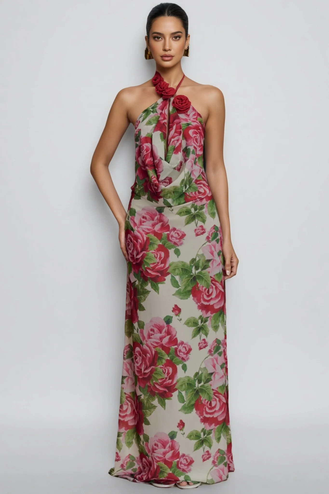 Ysraela Cowl Neck 3D Floral Maxi Dress
