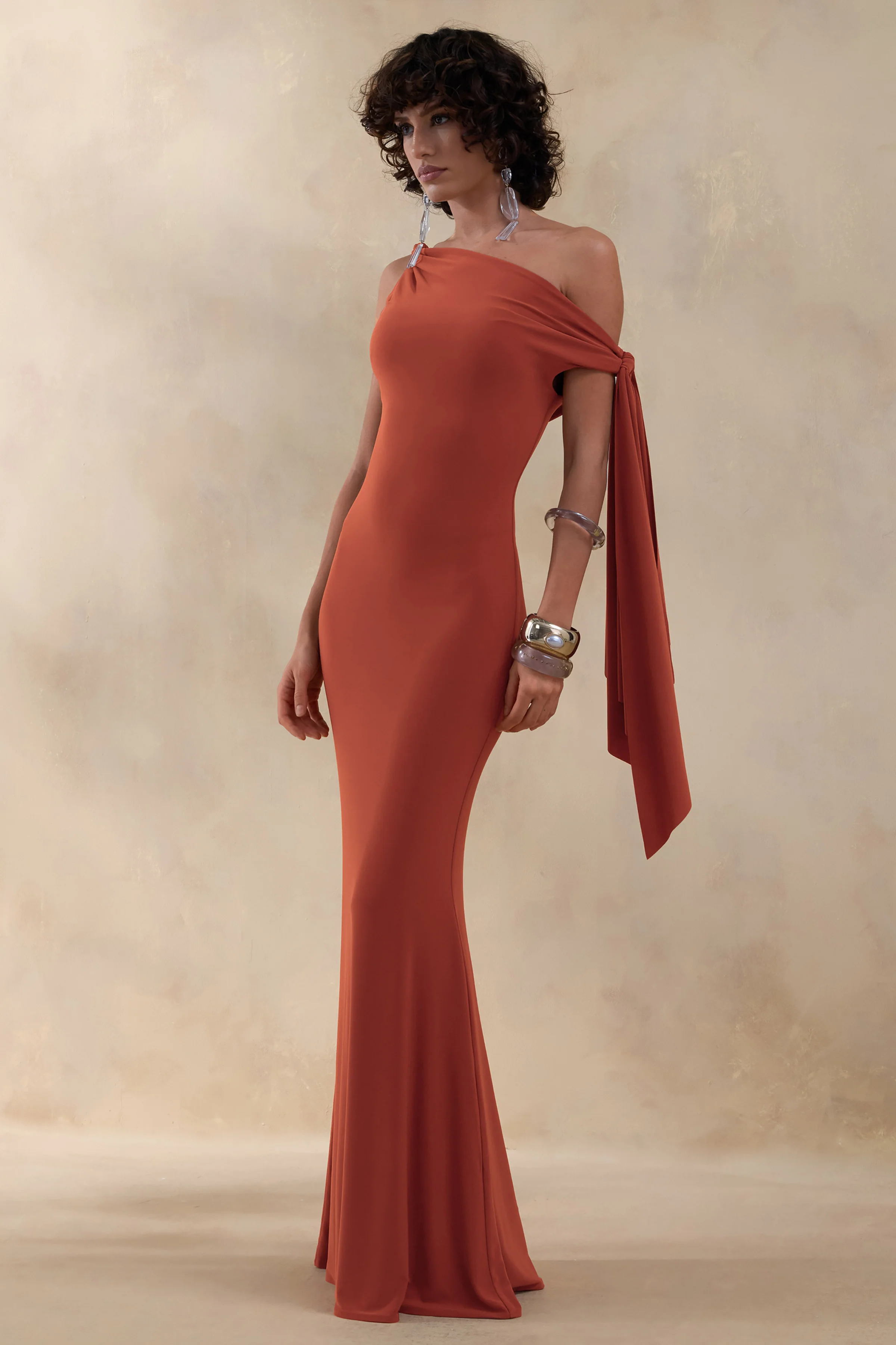 Vista | Rust Asymmetric-Neck Maxi Dress With Knot-Sleeve Detail