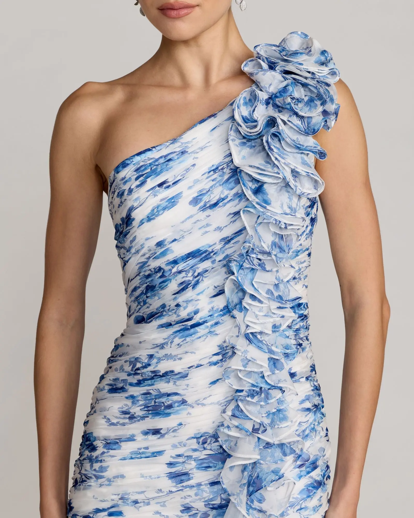 Blue Ruched Floral Chiffon Gown With 3D Ruffles