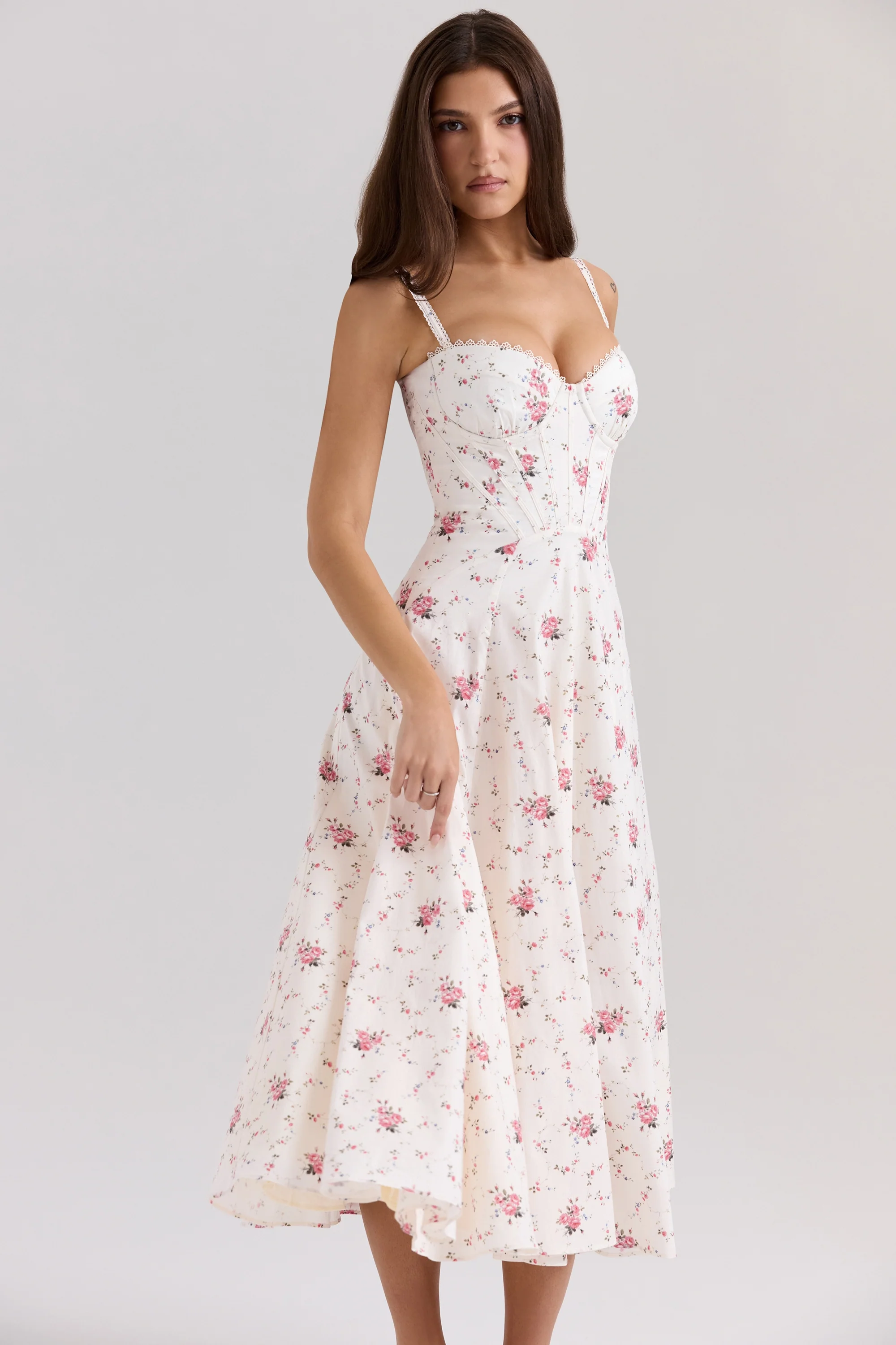 White Stretch Cotton Rose Print Midi Sundress