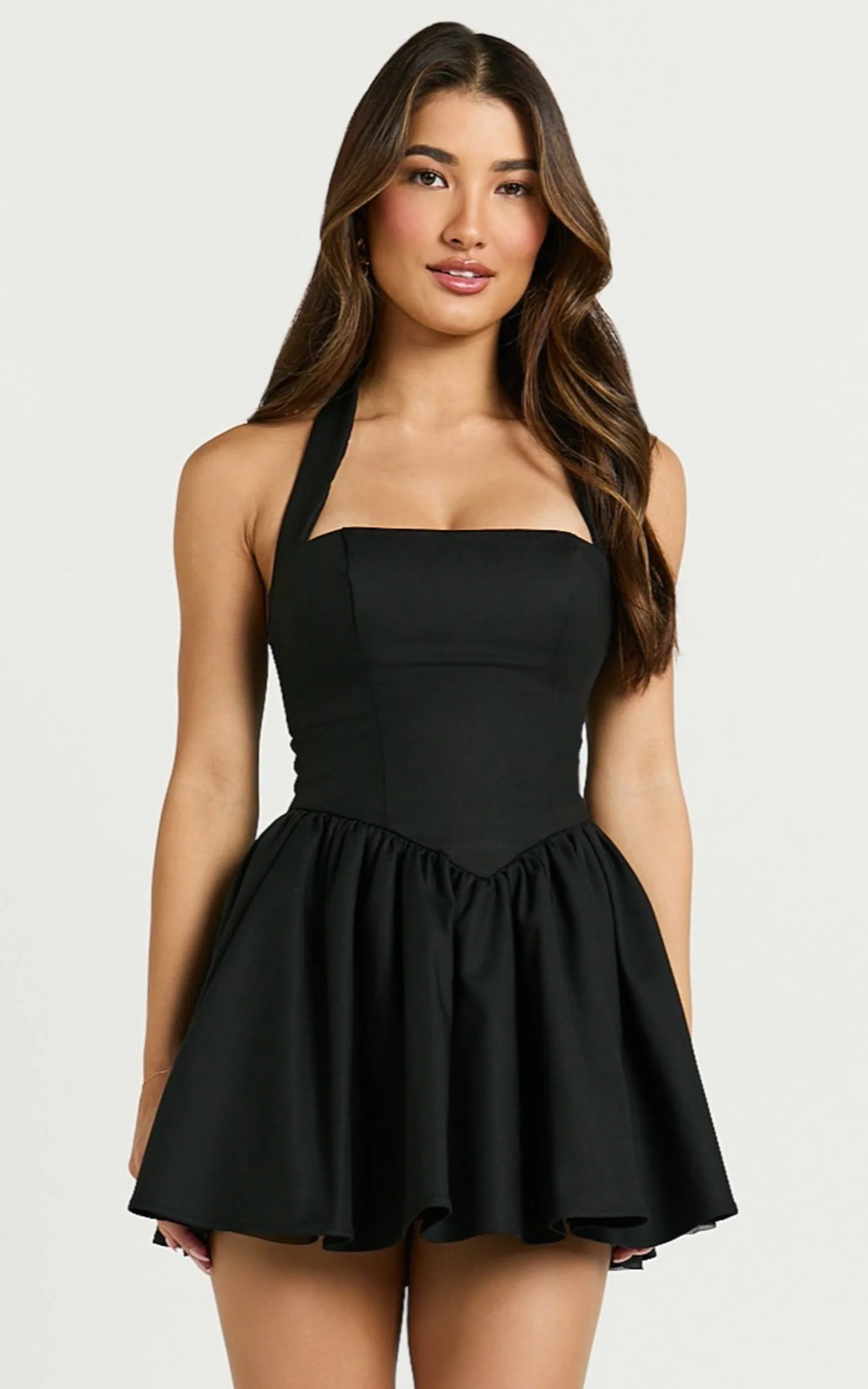 Helda Mini Dress - Halter Tie Neck Corset Panel Dress in Black