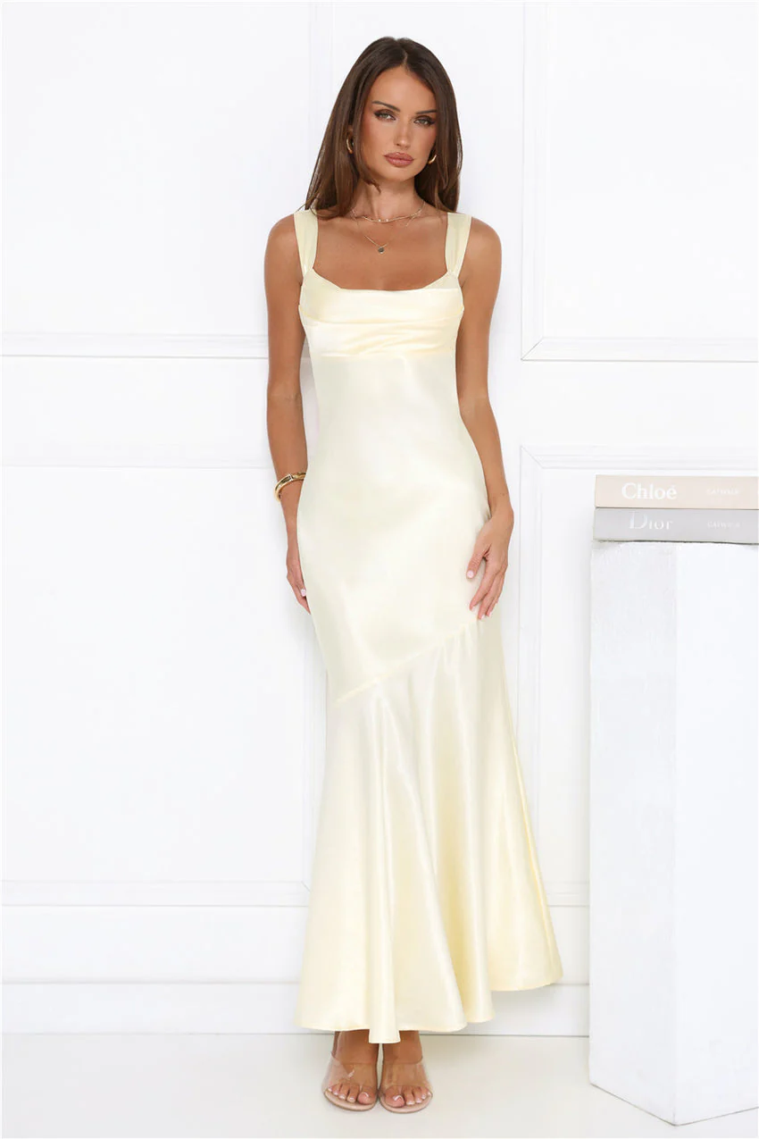 Kiss Crush Satin Maxi Dress Yellow - luluinthesky