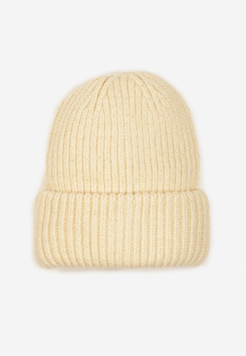 Czarna Czapka Beanie z Wiskozą z Prążkowanego Materiału Ozdobiona Metaliczną Nicią Temitana