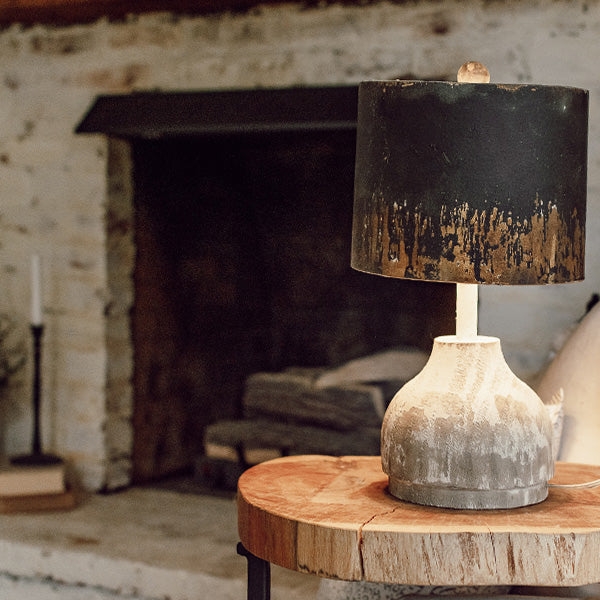 Wood Base Tabletop Lamp with Metal Splatter Shade