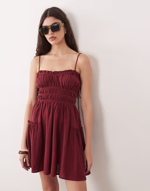 Faith beach shirred mini sundress in burgundy