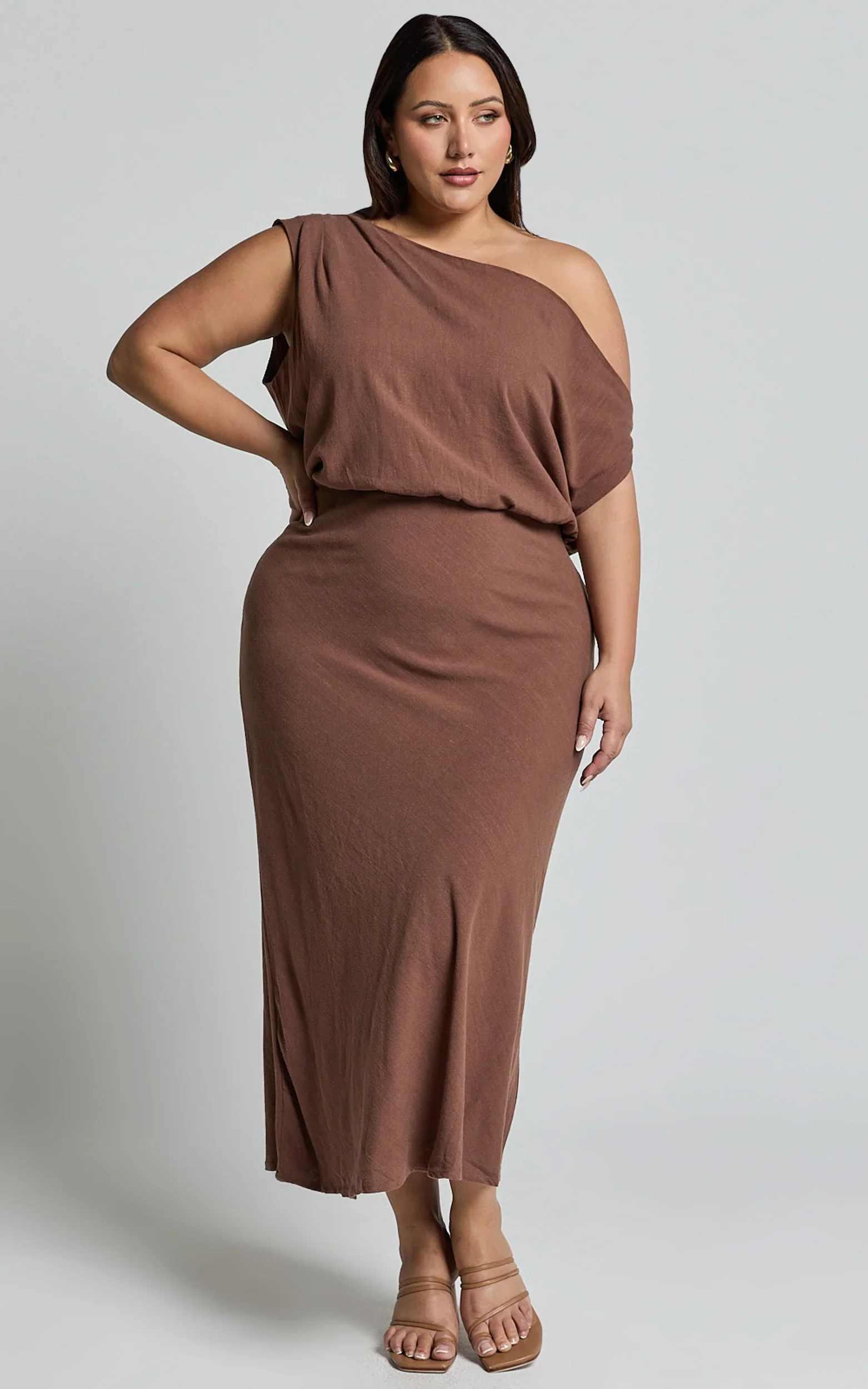 Jacqueline Midi Dress - Linen One Shoulder Dress in Chocolate